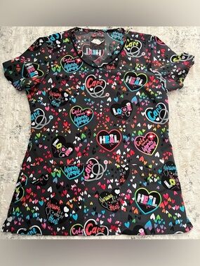 Cherokee Black Scrub Top with Multicolor Heart Print